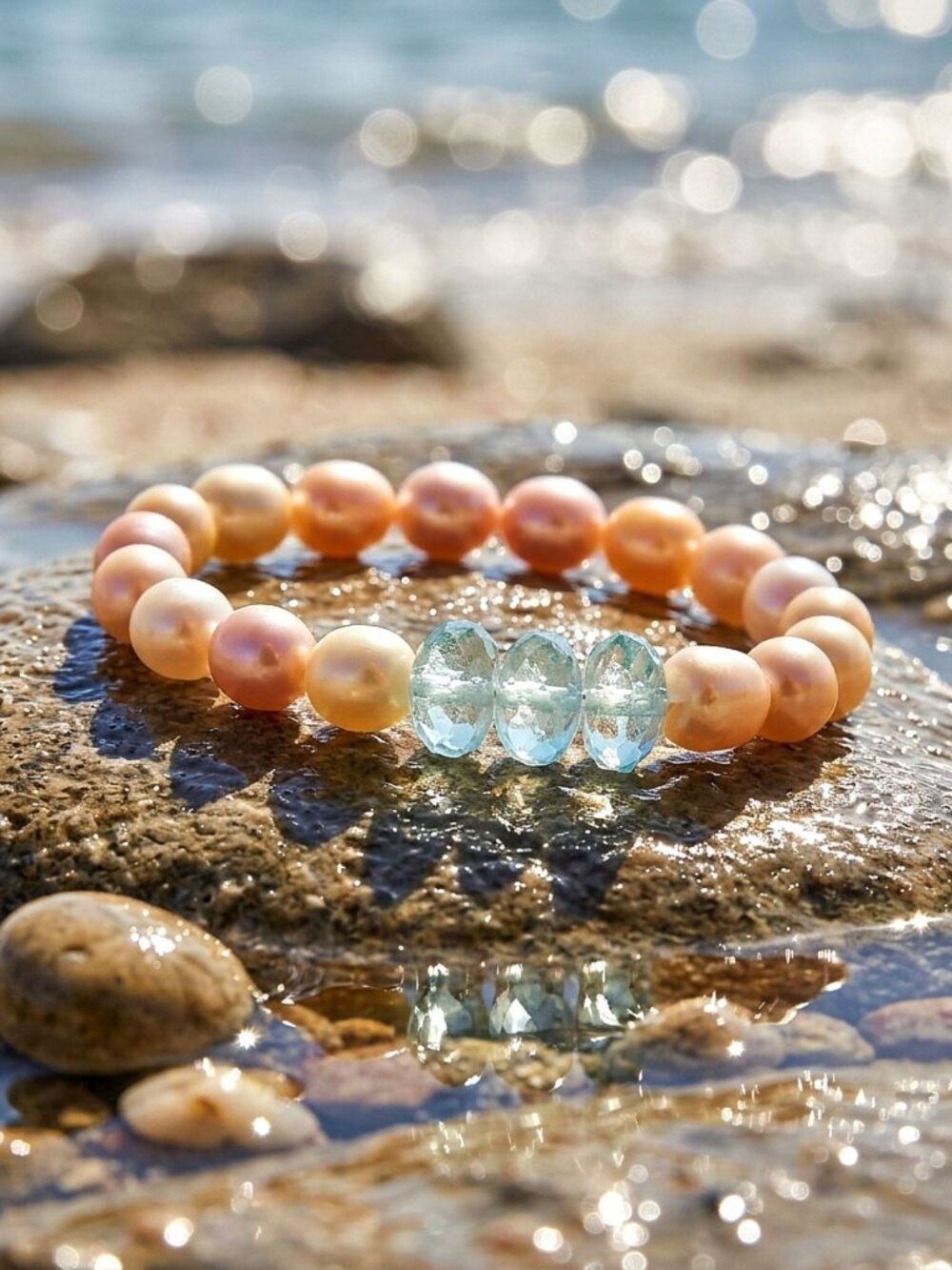 Pearl Bracelet w/Aquamarine, Gemstone Stretch Bracelet, Dainty Jewelry Gift